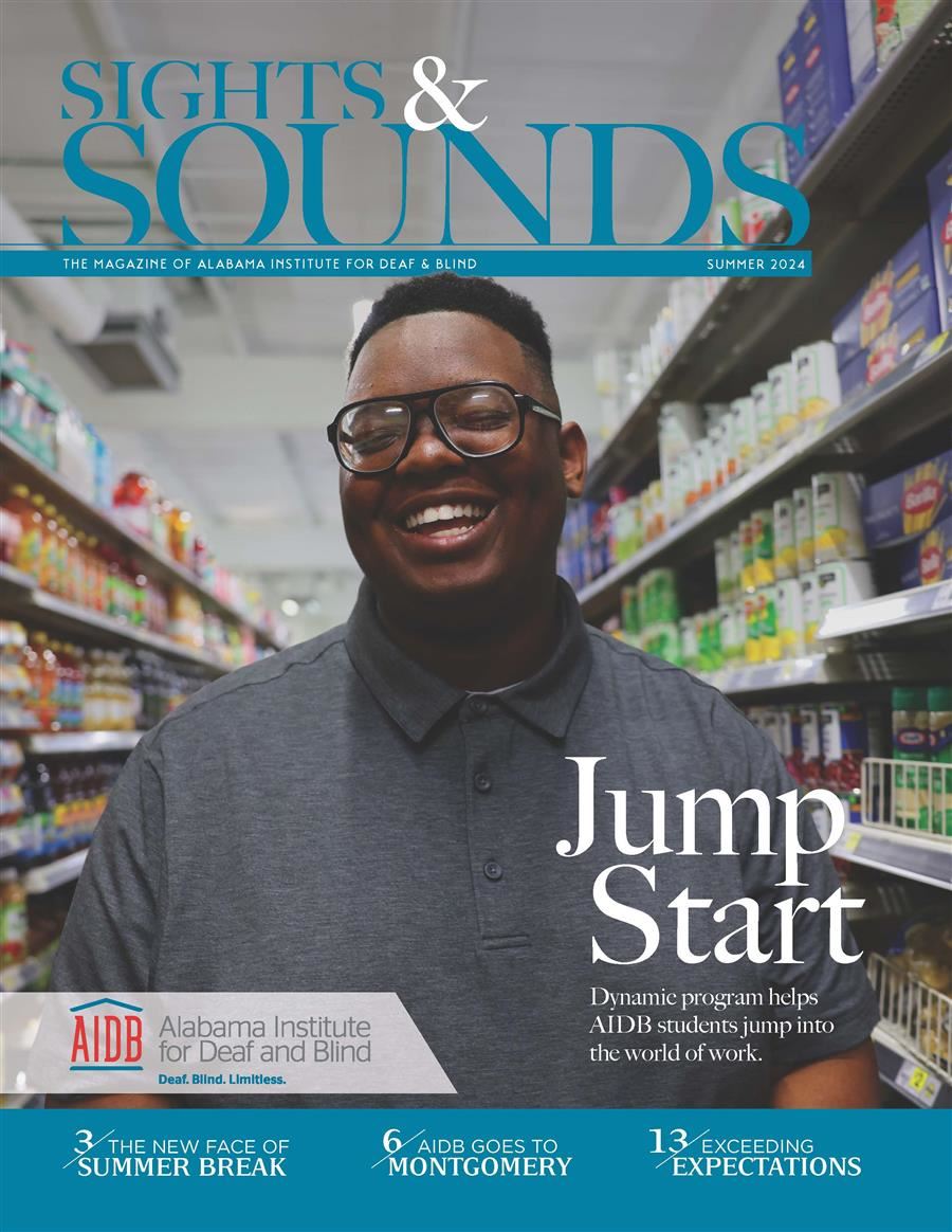 Cover of Sights and Sounds Summer 2023 featuring Nyzier Posey hard at work at Dollar General as a part of AIDB's JumpStart.